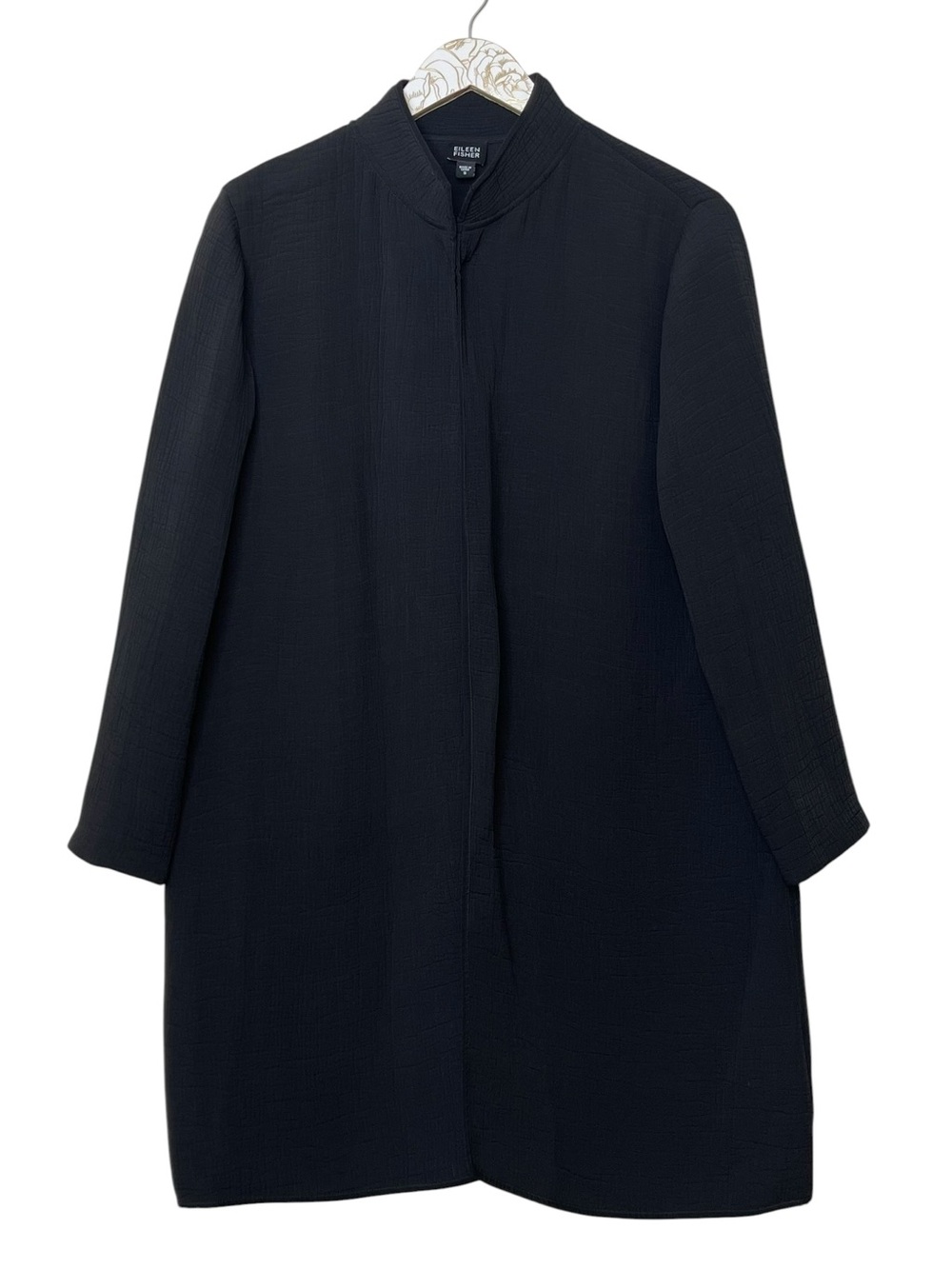 Eileen Fisher Jacket Long Kimono Duster Open Front Crinkled Silk Black Small